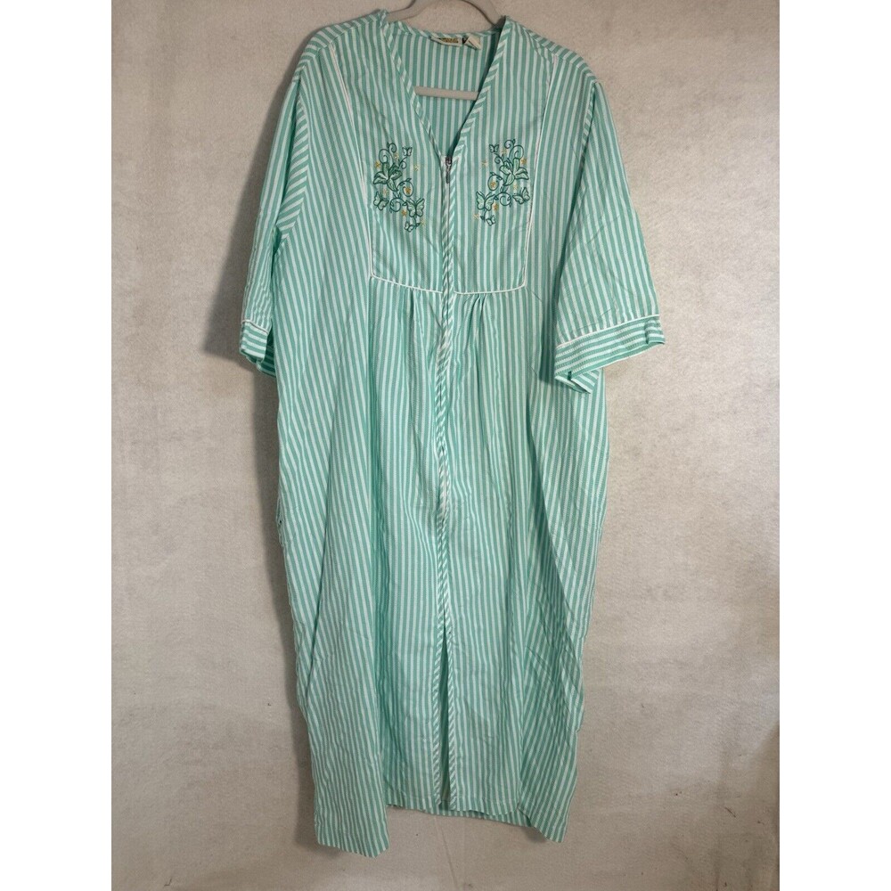 Collection Women's House Dress Green Stripes Long Sleeve Size XXL  Full Zip